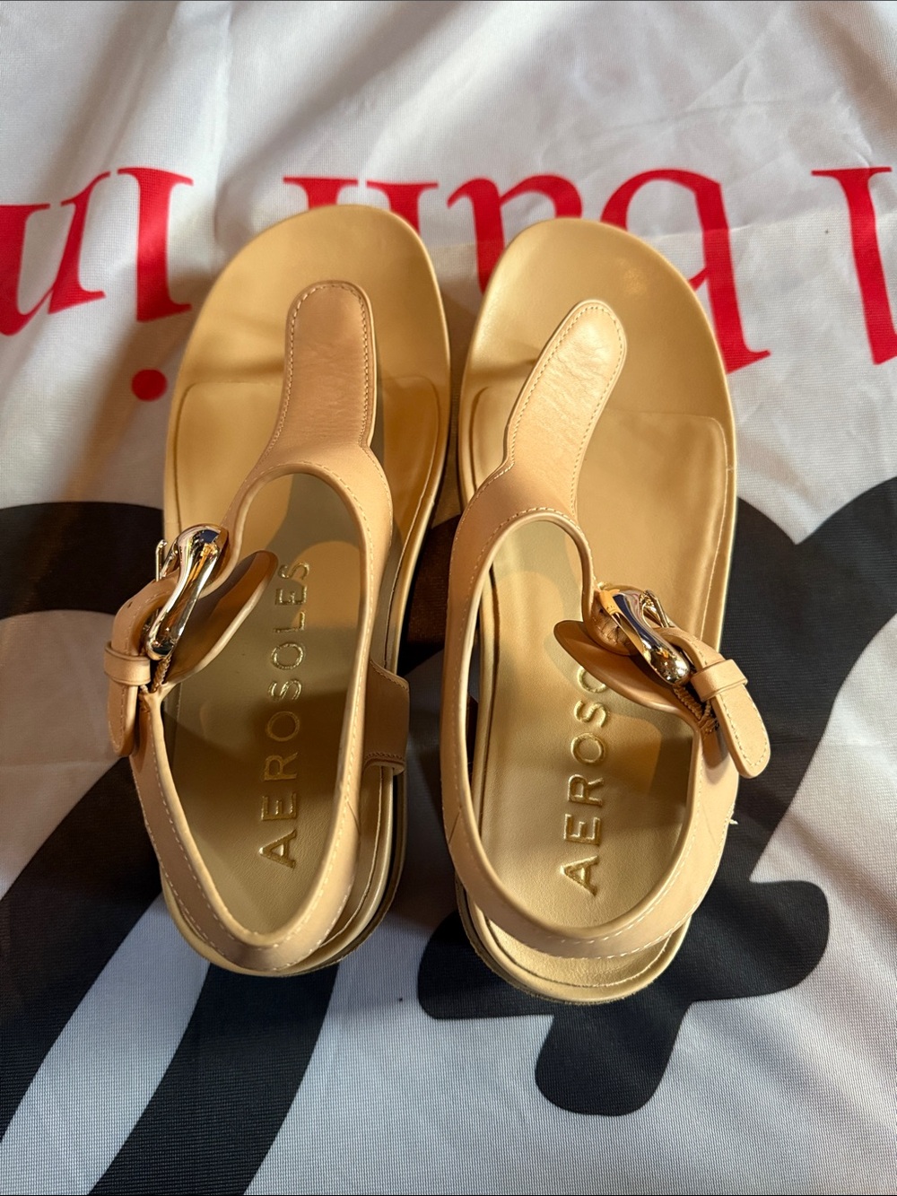 AEROSOLES Tan Leather Thong Sandals with Gold Buckle